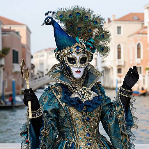Venetian carnival mask wearer in elaborate blue peacock-feathered headdress, gold-trimmed gown, black gloves, holding combs,
