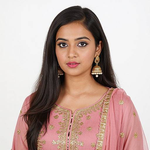 Photograph of an Indian woman with long black hair, wearing a pink traditional kameez adorned with gold embroidery, and matching gold earrings, against a