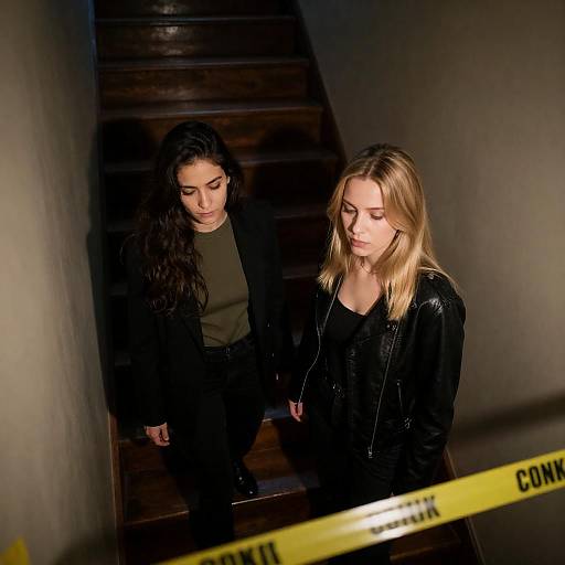 Intense Gaze on Dark Wooden Stairway