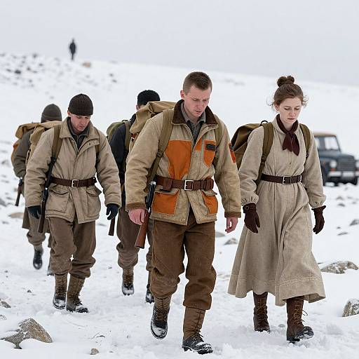 Photograph of World War II soldiers in winter gear walking through snowy terrain; man with orange jacket, woman in beige coat, others in beige uniforms,