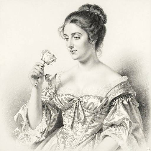 Elegant Pencil Portrait of a Countess Holding a Rose