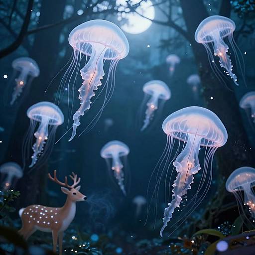 Photograph of a magical underwater scene with glowing jellyfish and a spotted deer, illuminated by moonlight in a dark, mysterious forest.