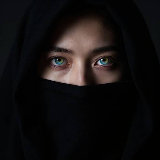 Photograph of a person's intense blue-green eyes peeking through a black hood, set against a dark, shadowy background.