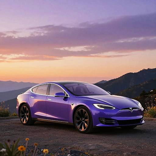 Glossy Purple Tesla at Mountain Sunset