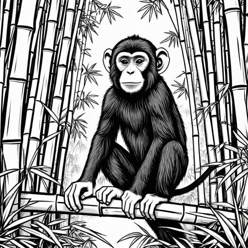 Curious Monkey in Bamboo Forest Coloring Page