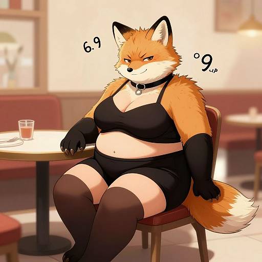 Digital drawing of a chubby, anthropomorphic fox with orange fur, black bra, shorts, gloves, and thigh-high socks, sitting at a café table