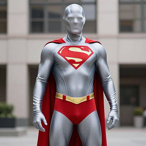 Photorealistic digital image of a faceless, metallic silver Superman statue with red cape, red briefs, gold belt, and red 