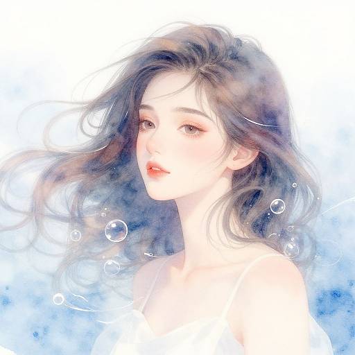 Digital watercolor portrait of a young woman with soft, wavy brown hair and delicate features, surrounded by floating bubbles, against a white and blue eth