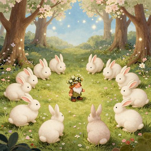 Digital illustration of a cheerful, white-bearded dwarf in a red outfit with a flower crown, surrounded by white rabbits in a sunlit, floral forest