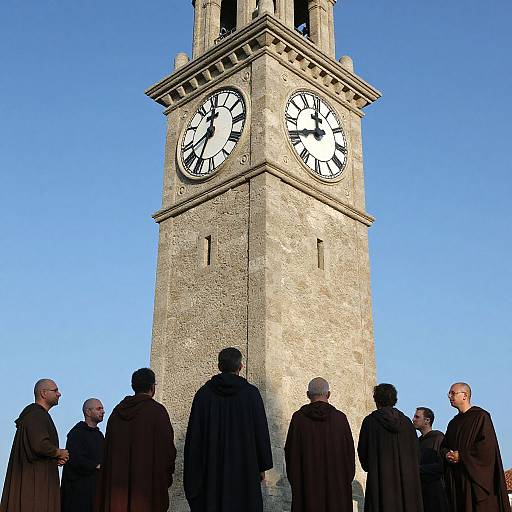 Photograph of eight monks in black robes standing in front of a tall, stone clock tower against a clear blue sky.