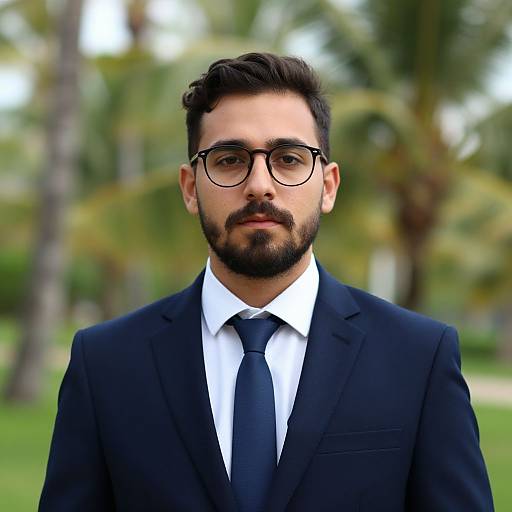 Photograph of a bearded man with dark hair, glasses, and a black suit with a white shirt and black tie, standing in a blurred green