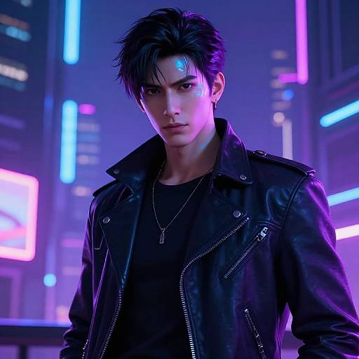 Digital CGI image of a serious, young Asian man with black hair, wearing a black leather jacket, standing in a neon-lit cyberpunk city at