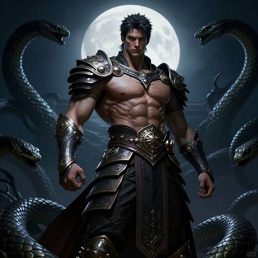 Digital artwork of a muscular, dark-haired warrior with silver armor, standing against a full moon, surrounded by coiling black serpents.