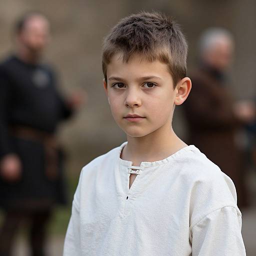 Photograph of a young boy with short brown hair, wearing a white, long-sleeved, buttoned shirt, standing outdoors with blurred adults in
