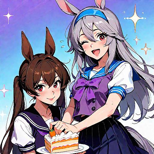 Two Horse Girls in Purple Uniforms