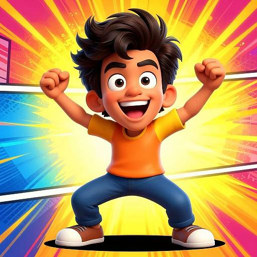 Cartoon boy with dark hair, orange shirt, blue jeans, and white shoes, cheering with fists raised, against vibrant yellow and pink radiating background