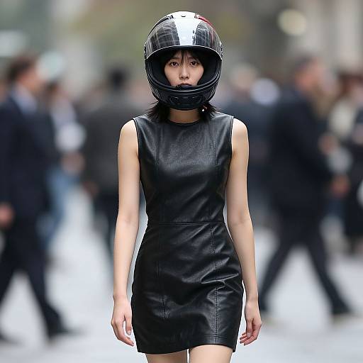 Photograph of an East Asian woman with short black hair, wearing a black leather sleeveless dress and a black-and-white motorcycle helmet, walking in a