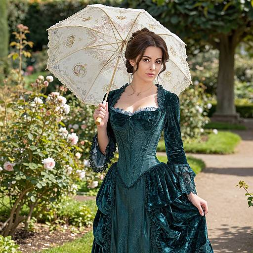 Photograph of a fair-skinned woman with dark hair, wearing a teal Victorian dress, holding a white lace parasol, standing in a sunlit