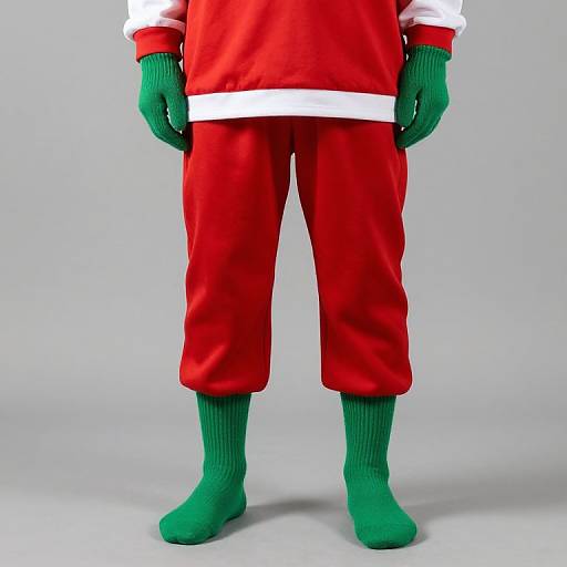 Photograph of a person wearing a Santa Claus outfit: red pants, red jacket with white trim, green gloves, and green socks, standing against a