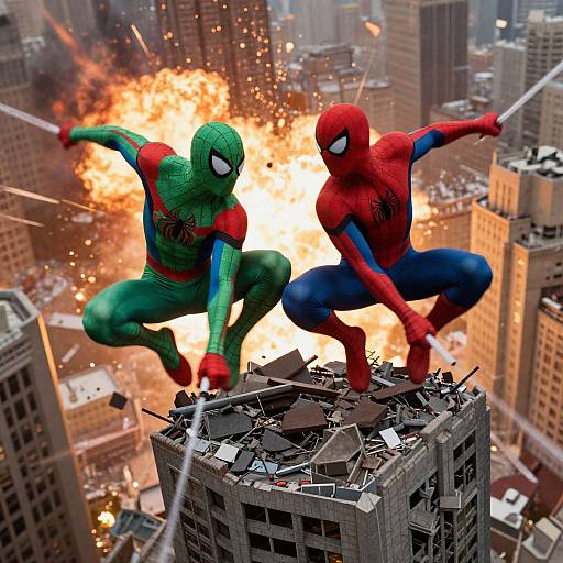 Photorealistic CGI image of Spider-Man (green) and Spider-Man (red) leaping from a burning skyscraper, mid-air, with an