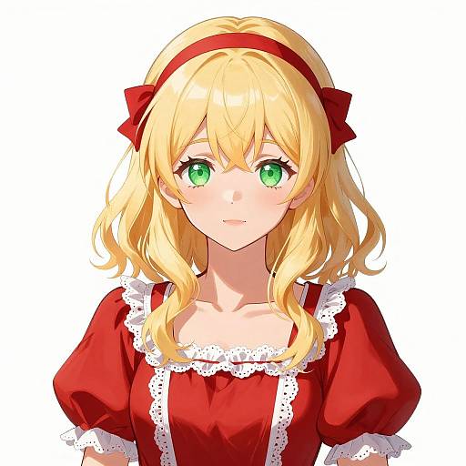Digital anime-style drawing of a blonde girl with green eyes, wearing a red dress with white lace trim and a red headband, against a plain white