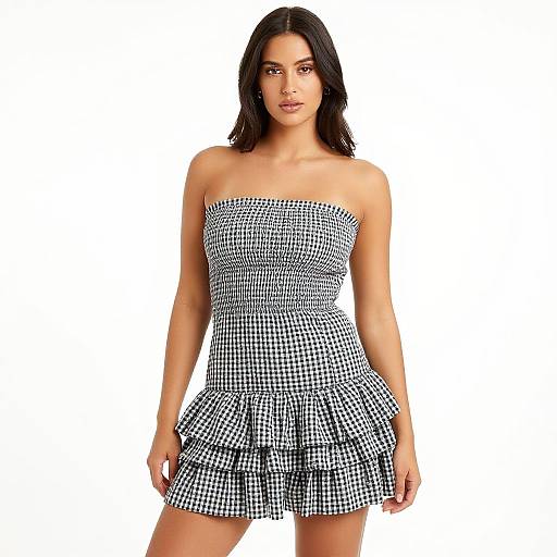 Photograph of a dark-haired woman in a strapless, black-and-white checkered dress with a ruffled skirt, standing against a plain white background