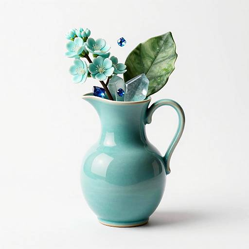 Teal Ceramic Pitcher with Sea Glass and Blue Blossoms