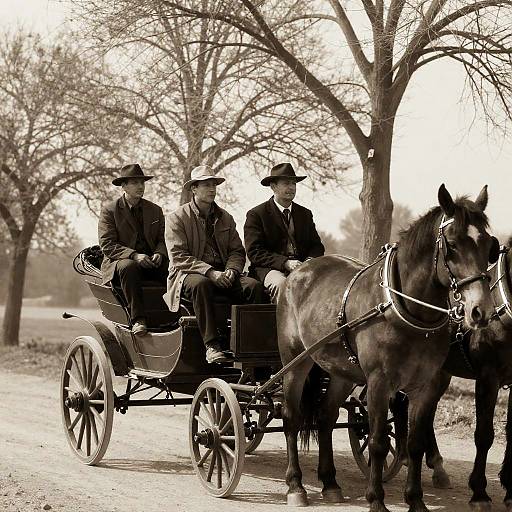 Sepia Horse-Drawn Wagon with Four Men