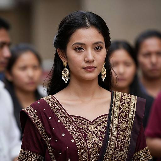 Photograph of an Indian woman with long black hair, wearing a maroon embroidered blouse, gold earrings, and serious expression, surrounded by blurred people in