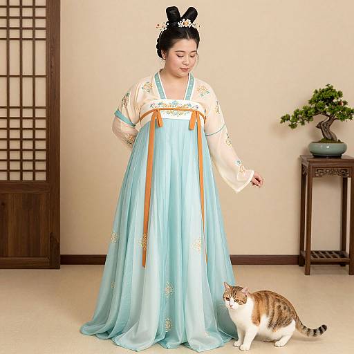 Asian woman in traditional light blue hanbok with gold embroidery, black bun hairstyle, stands in minimalist room, petting brown and white cat.