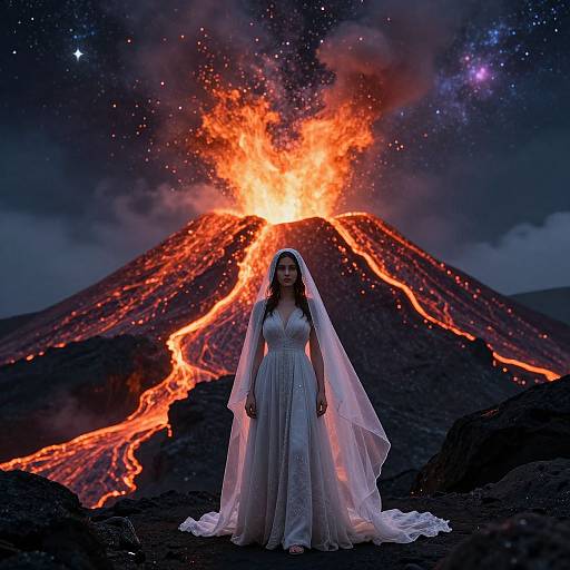 Photograph of a bride in a white, flowing wedding dress and veil standing in front of a erupting volcano at night, with bright orange lava and