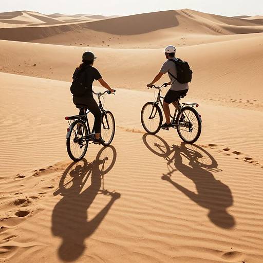 Silhouetted cyclists ride through golden sand dunes at sunset, casting long shadows on rippled sand, wearing helmets and backpacks. Photoreal