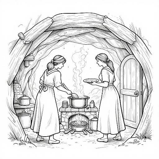 Black-and-white line drawing of two women in long dresses cooking in a rustic wooden hut with a stone fireplace and pots.
