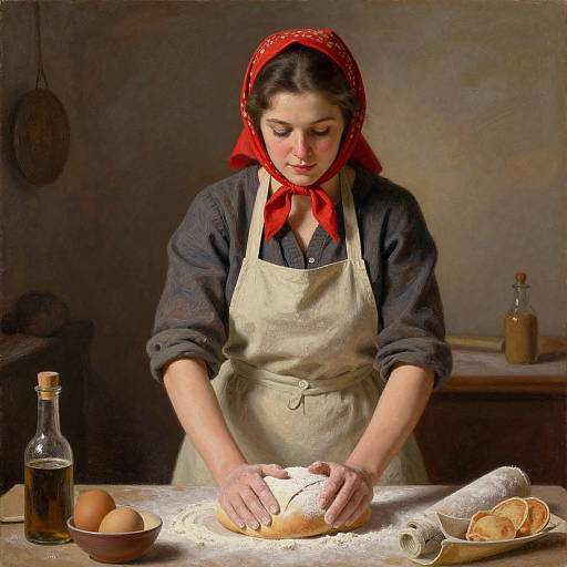 Photograph of a young woman with dark hair, red bandana, and beige apron, kneading dough on a rustic kitchen table.