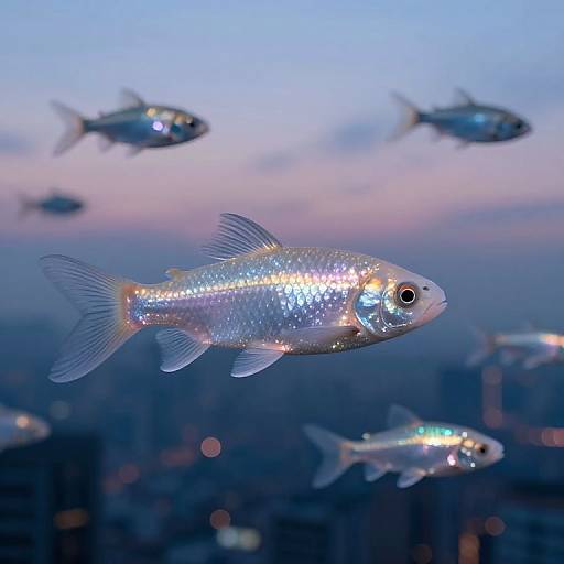 Photograph of shimmering, metallic silver fish with reflective scales, swimming in a twilight blue ocean, surrounded by blurred fish in the background.