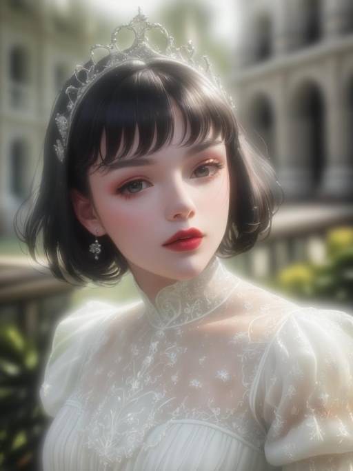 Young woman with tiara in white lace dress
