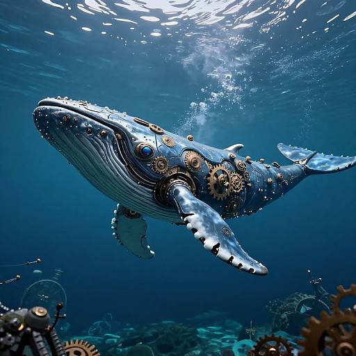 Steampunk Mechanical Whale in Underwater Cavern