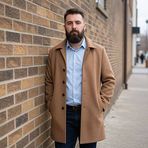 Photograph of a bearded man with a serious expression, standing against a brick wall, wearing a brown overcoat, light blue shirt, and dark