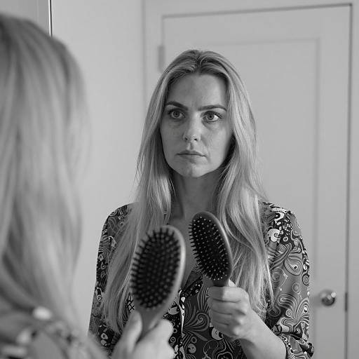 Serious Woman Holding Hairbrush in Front of Mirror