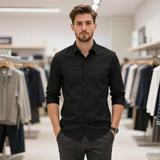 Photograph of a handsome young man with short brown hair and beard, wearing a black button-up shirt and dark pants, standing in a brightly lit clothing