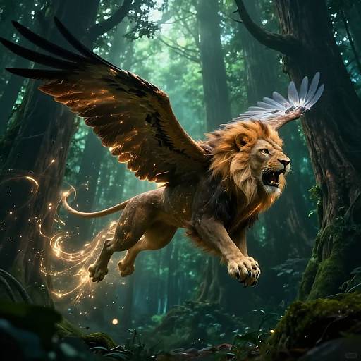 Digital fantasy artwork of a majestic winged lion with a fiery tail and glowing mane, soaring through a mystical forest.