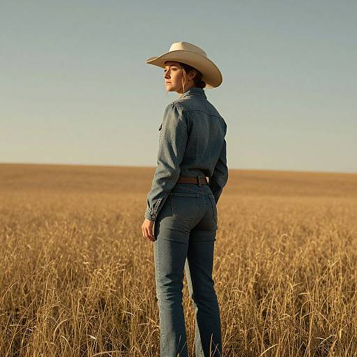 Photograph of a Caucasian woman with blonde hair, wearing a white cowboy hat and blue denim jeans, standing in a golden wheat field under a clear blue