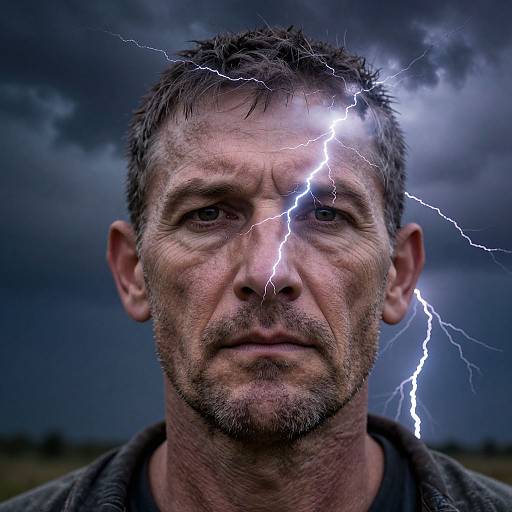 Photograph of a rugged, bearded man with lightning striking his forehead, dark stormy sky background, intense expression, gray hair, and weathered