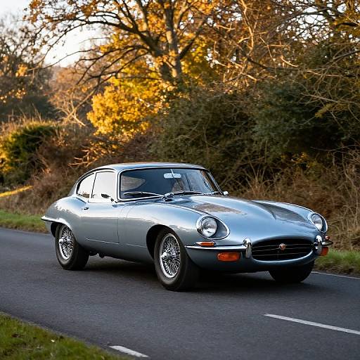 Photograph of a silver classic Aston Martin driving on a rural road at sunset, with autumn trees and sunlight glowing in the background.