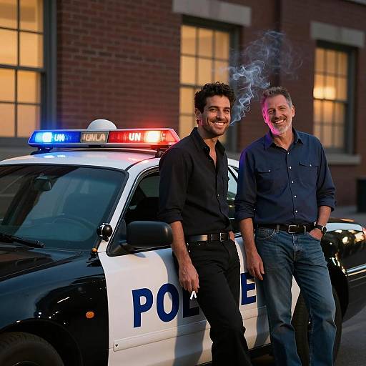 Two Men by Neon Police Car