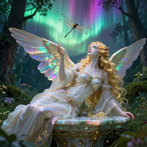 Digital painting of a blonde angelic woman with iridescent wings, in a glittering white gown, touching a dragonfly under a colorful aurora