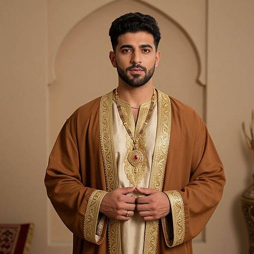 Photograph of a handsome South Asian man with dark hair and beard, wearing a brown, gold-embroidered traditional outfit, standing indoors against a