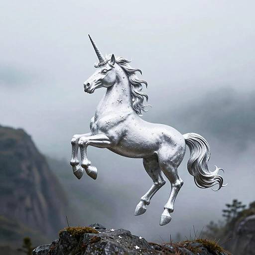 Silver Unicorn Floating in Misty Mountains
