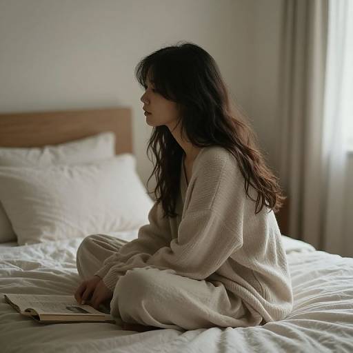 Photograph of a woman with long dark hair, wearing a beige knit sweater and pants, sitting on a bed reading a book in a softly lit,