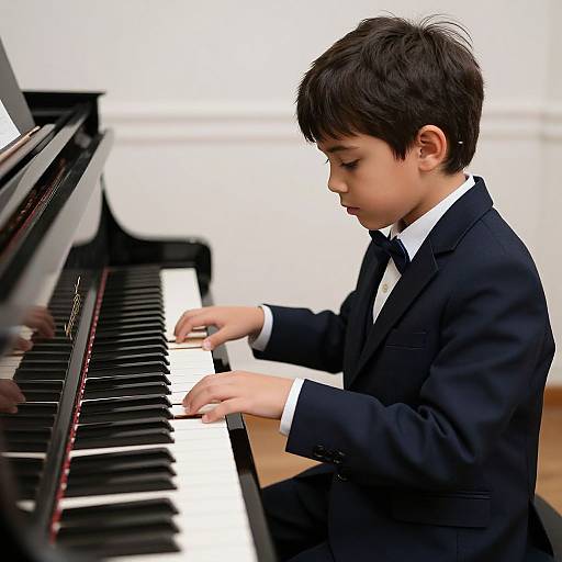 Photograph of a young boy with short brown hair, wearing a black suit and white shirt, playing a black grand piano.